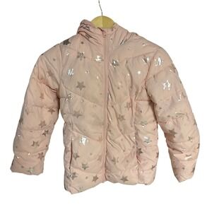 Swiss Tech Girls Pink Puffer Jacket Silver Stars Hooded‎ Size M (7-8)